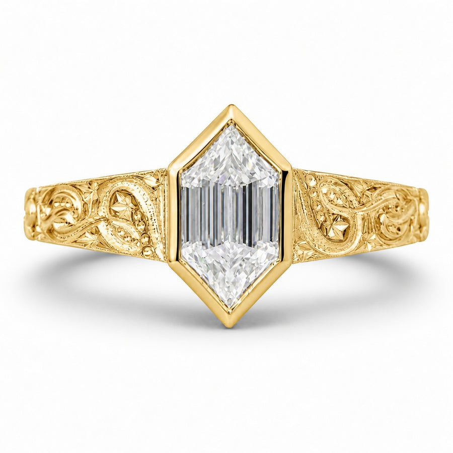 2.00 CT Hexagon Cut Lab-Grown Diamond Engagement Ring in 14K White Gold – Art Deco Hand-Engraved Bezel Design