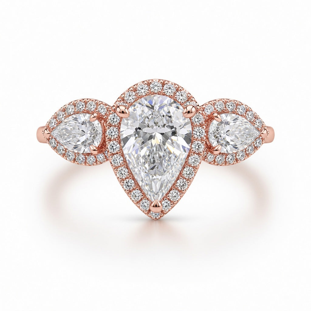 3.10 CT Pear Cut Lab-Grown Diamond Three-Stone Engagement Ring in 14K White Gold – Pear & Round Side Stone Design