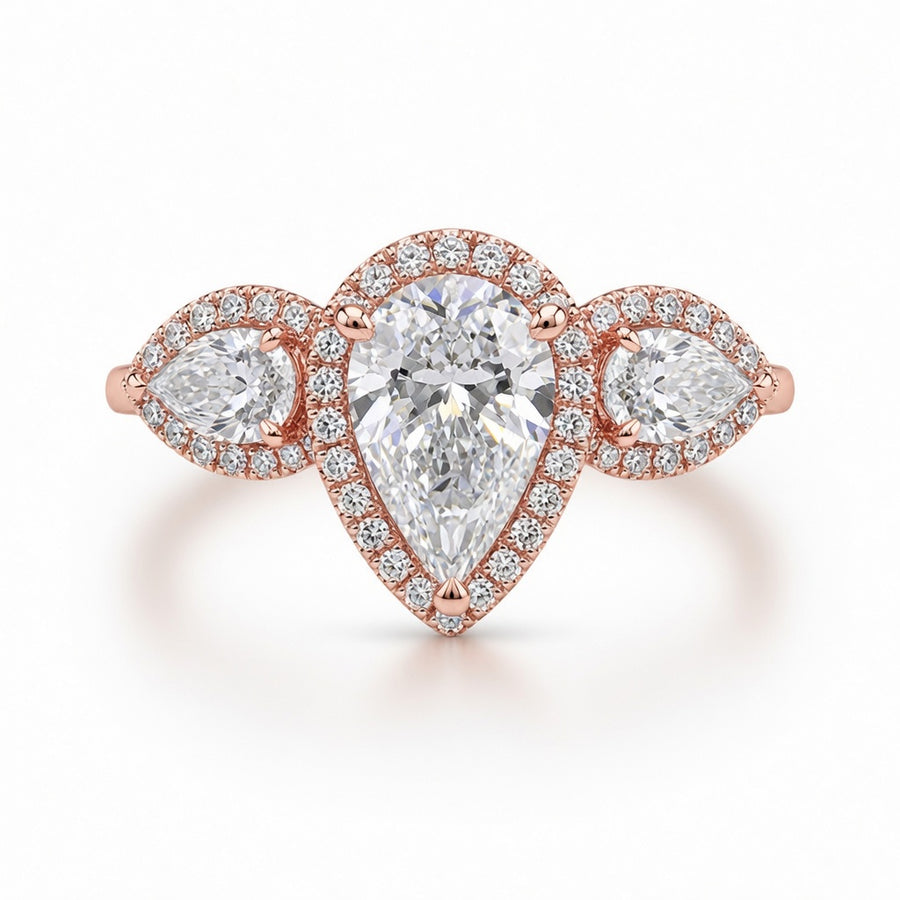 3.10 CT Pear Cut Lab-Grown Diamond Three-Stone Engagement Ring in 14K White Gold – Pear & Round Side Stone Design