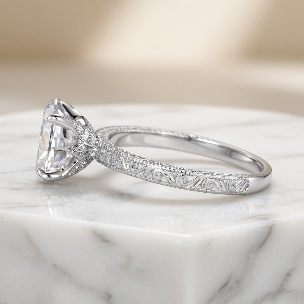 4.00 CT Oval Cut Lab-Grown Diamond Engagement Ring in 14K White Gold – Engraved Victorian Hidden Halo Design