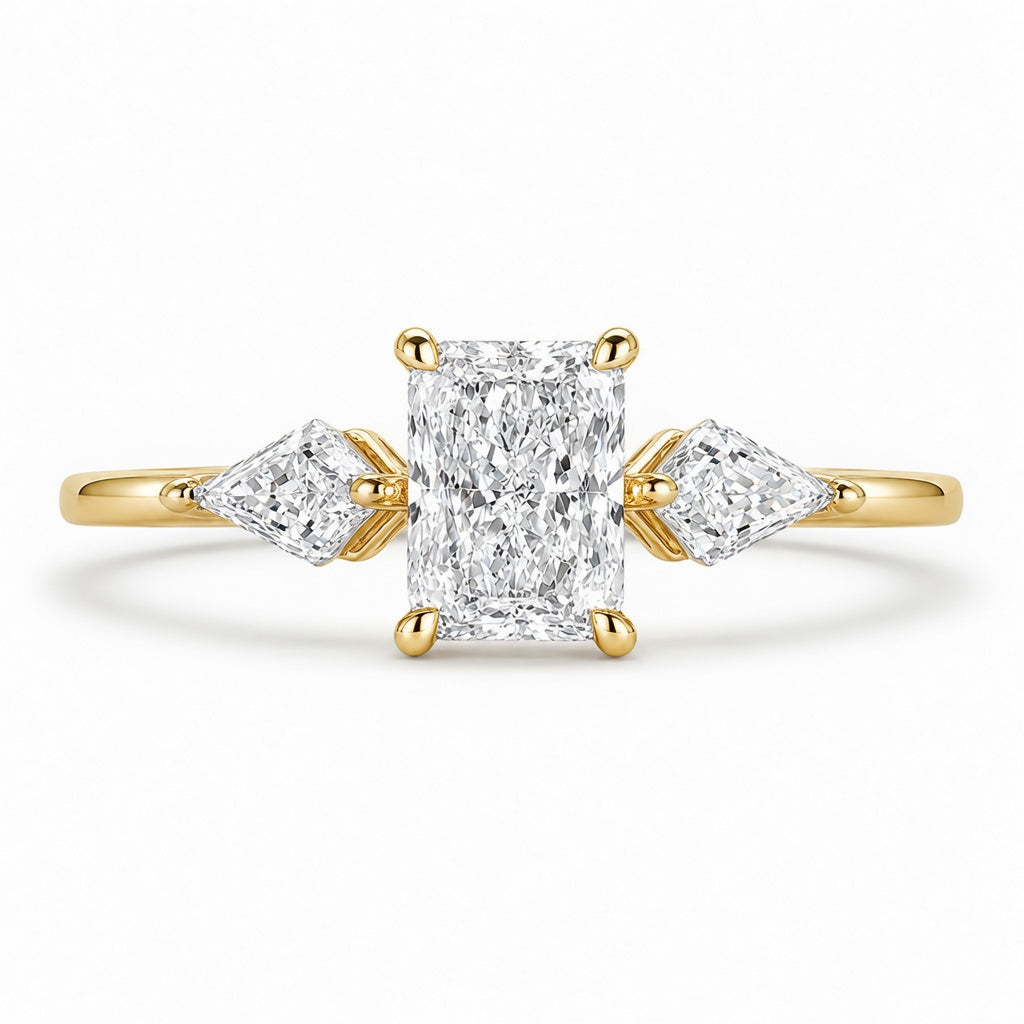 2.00 CT Radiant Cut Lab-Grown Diamond Three-Stone Engagement Ring in 14K White Gold – Kite Side Stone Design