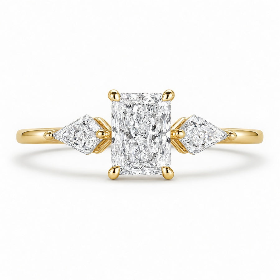 2.00 CT Radiant Cut Lab-Grown Diamond Three-Stone Engagement Ring in 14K White Gold – Kite Side Stone Design