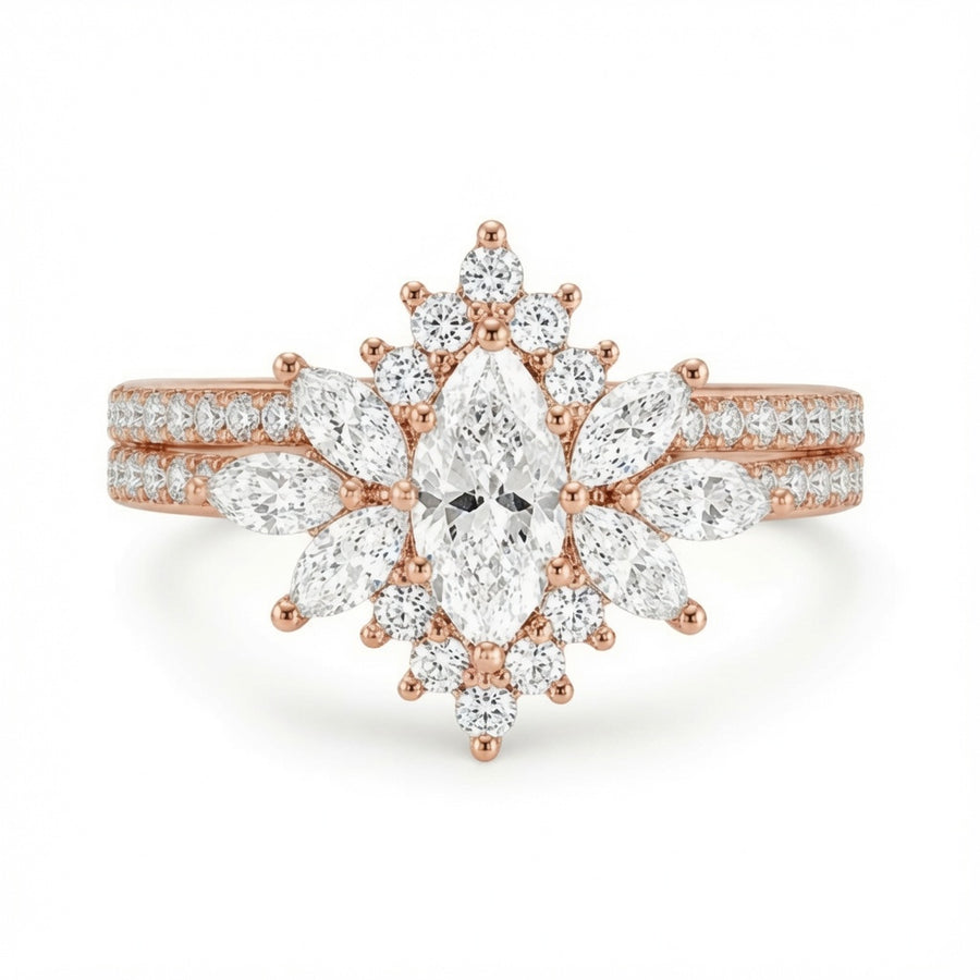 2.79 CT Vintage Marquise Lab-Grown Diamond 2PCS Bridal Set in 18K White Gold – Halo Floral Half Eternity Wedding Ring Design