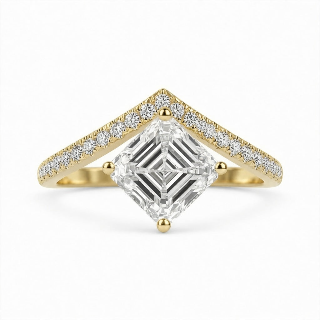 3.00 CT Asscher Cut Lab-Grown Diamond Chevron Solitaire Engagement Ring in 14K White Gold – Curved V Shape Wedding Band Design | IGI Certified