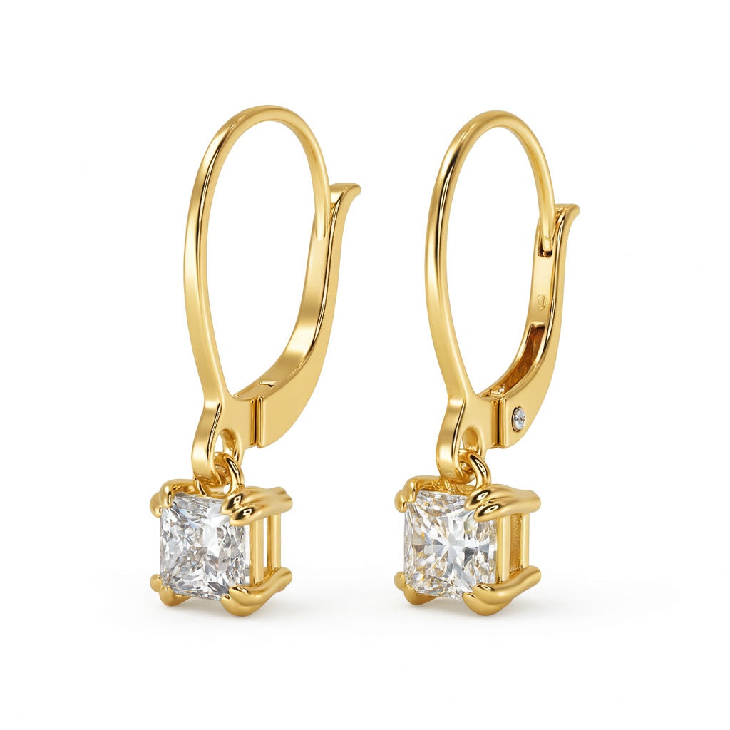 1.5 Ct Princess Cut Double Prong Diamond Earrings VS1 D Leverback