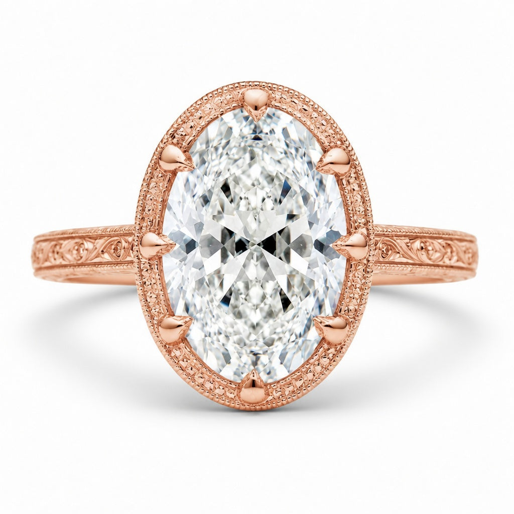 3.01 CT Moval Lab-Grown Diamond Engagement Ring in 14K White Gold – Hand-Engraved Filigree Bridal Design