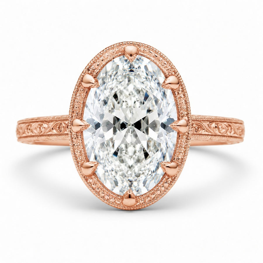 3.01 CT Moval Lab-Grown Diamond Engagement Ring in 14K White Gold – Hand-Engraved Filigree Bridal Design