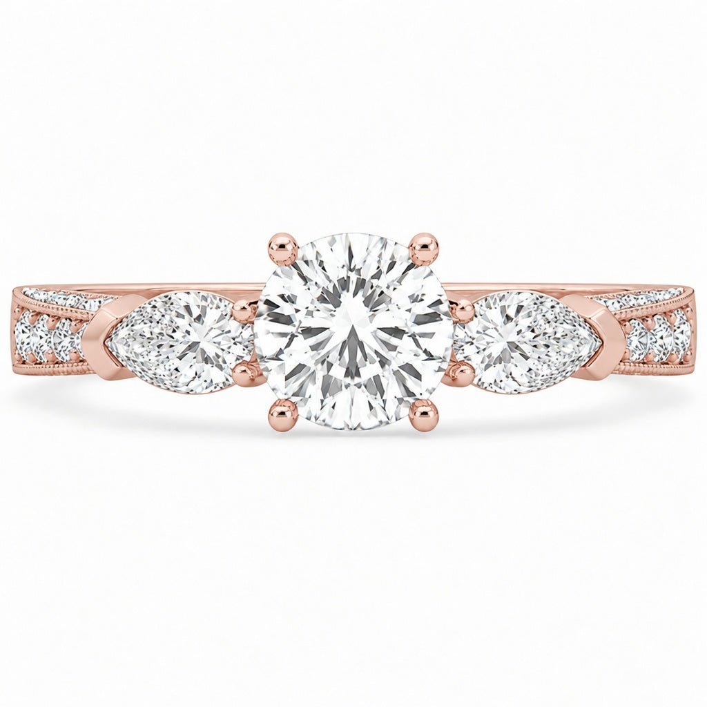 3.00 CT Round Lab-Grown Diamond Three-Stone Engagement Ring in 14K White Gold – Pear Side Stone Solitaire Design