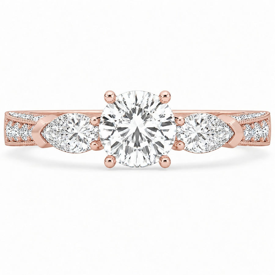 3.00 CT Round Lab-Grown Diamond Three-Stone Engagement Ring in 14K White Gold – Pear Side Stone Solitaire Design
