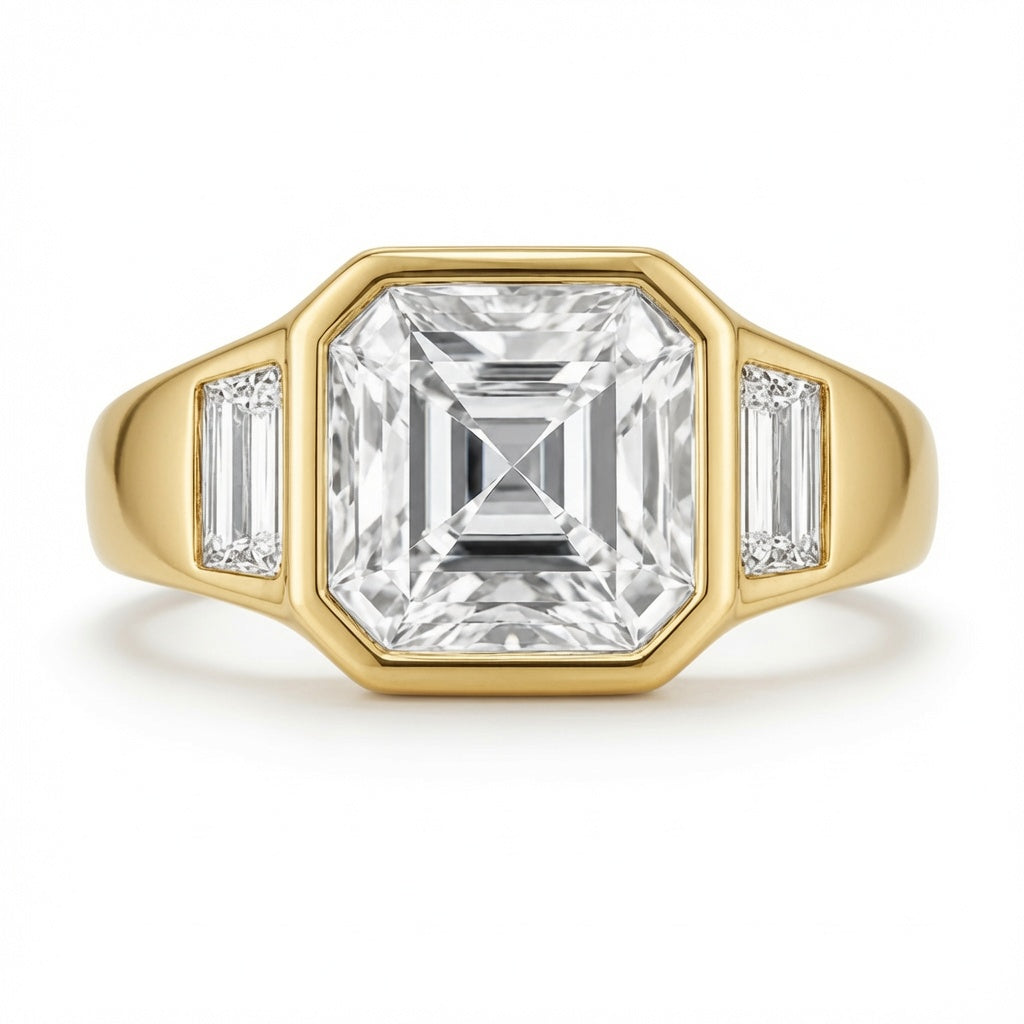 2.50 CT Asscher Cut Lab-Grown Diamond Three Stone Engagement Ring in 14K White Gold – Cushion & Baguette Side Stone Bridal Design