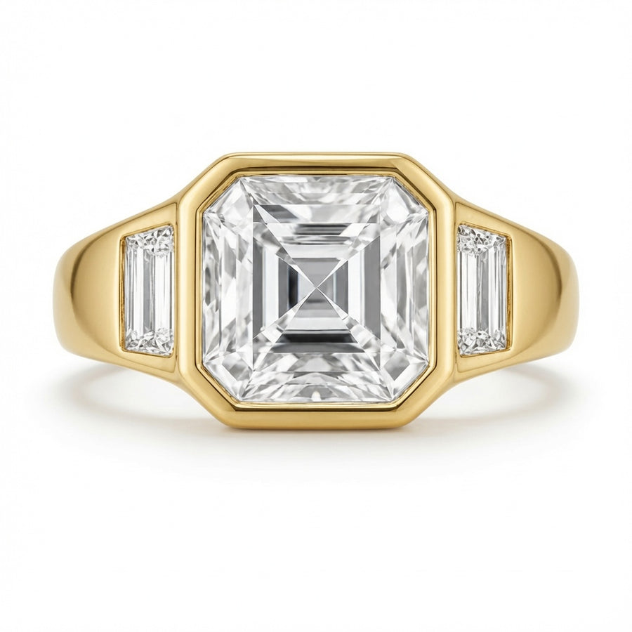 2.50 CT Asscher Cut Lab-Grown Diamond Three Stone Engagement Ring in 14K White Gold – Cushion & Baguette Side Stone Bridal Design