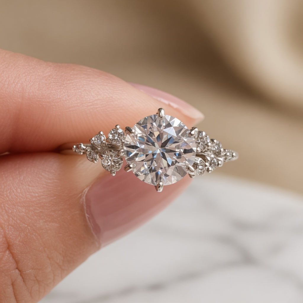 2.00 CT Radiant Cut Lab-Grown Diamond Three-Stone Engagement Ring in 14K White Gold – Cluster Side Stone Bridal Design