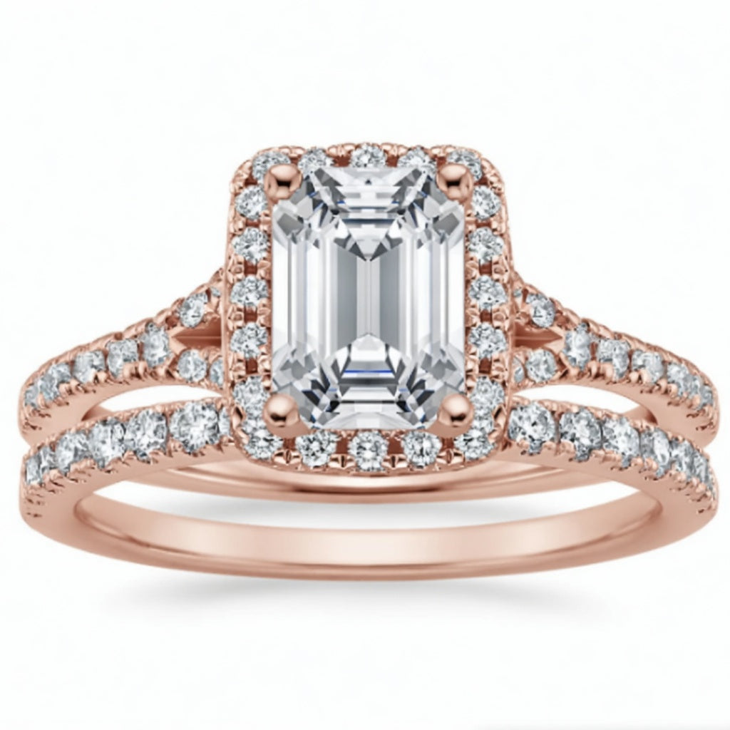 2.83 CT Joy Lab-Grown Diamond 2PCS Halo Bridal Set in 14K White Gold – Bliss Split Shank Pavé Wedding Ring Design