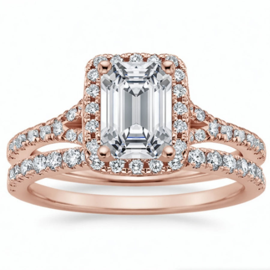 2.83 CT Joy Lab-Grown Diamond 2PCS Halo Bridal Set in 14K White Gold – Bliss Split Shank Pavé Wedding Ring Design