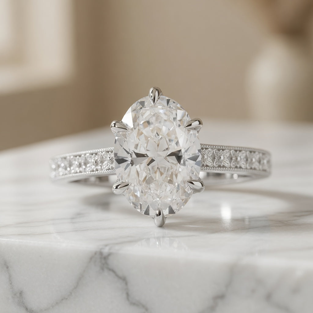 2.50 CT Oval Lab-Grown Diamond Engagement Ring in 14K White Gold – Vintage Floral Cluster Design with Marquise Side Stones