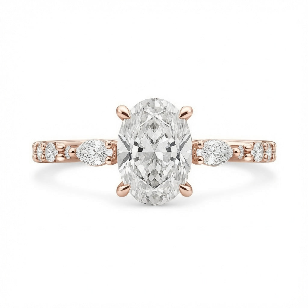 3.00 CT Oval Lab-Grown Diamond Hidden Halo Engagement Ring in 14K White Gold – Marquise Pavé Half Eternity Design