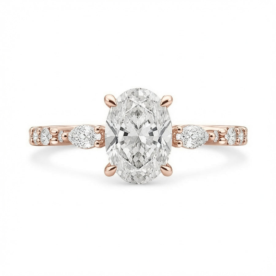 3.00 CT Oval Lab-Grown Diamond Hidden Halo Engagement Ring in 14K White Gold – Marquise Pavé Half Eternity Design