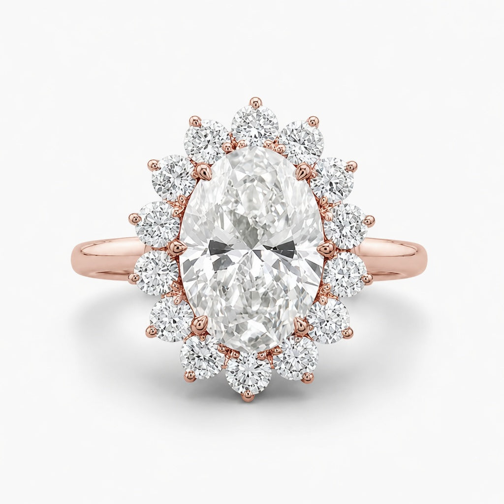 3.00 CT Oval Lab-Grown Diamond Sunburst Halo Engagement Ring in 14K White Gold – Statement Anniversary Design