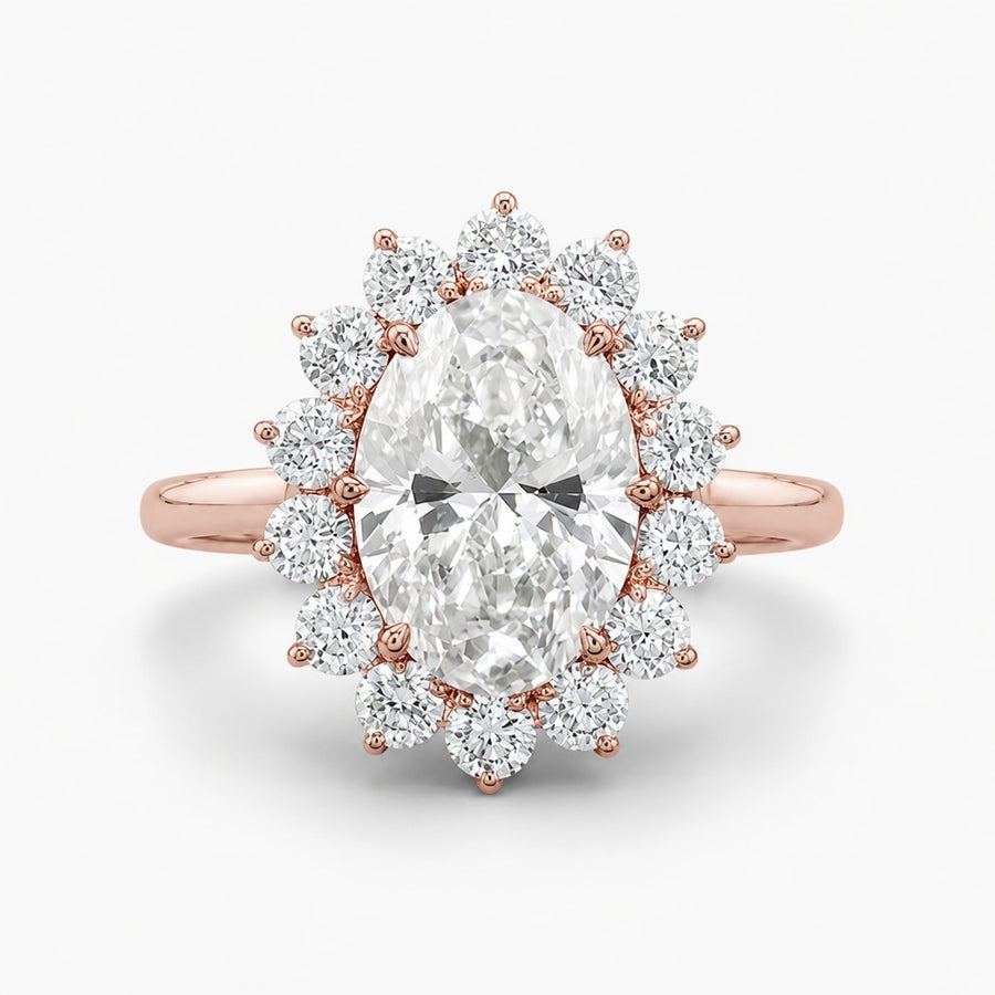 3.00 CT Oval Lab-Grown Diamond Sunburst Halo Engagement Ring in 14K White Gold – Statement Anniversary Design
