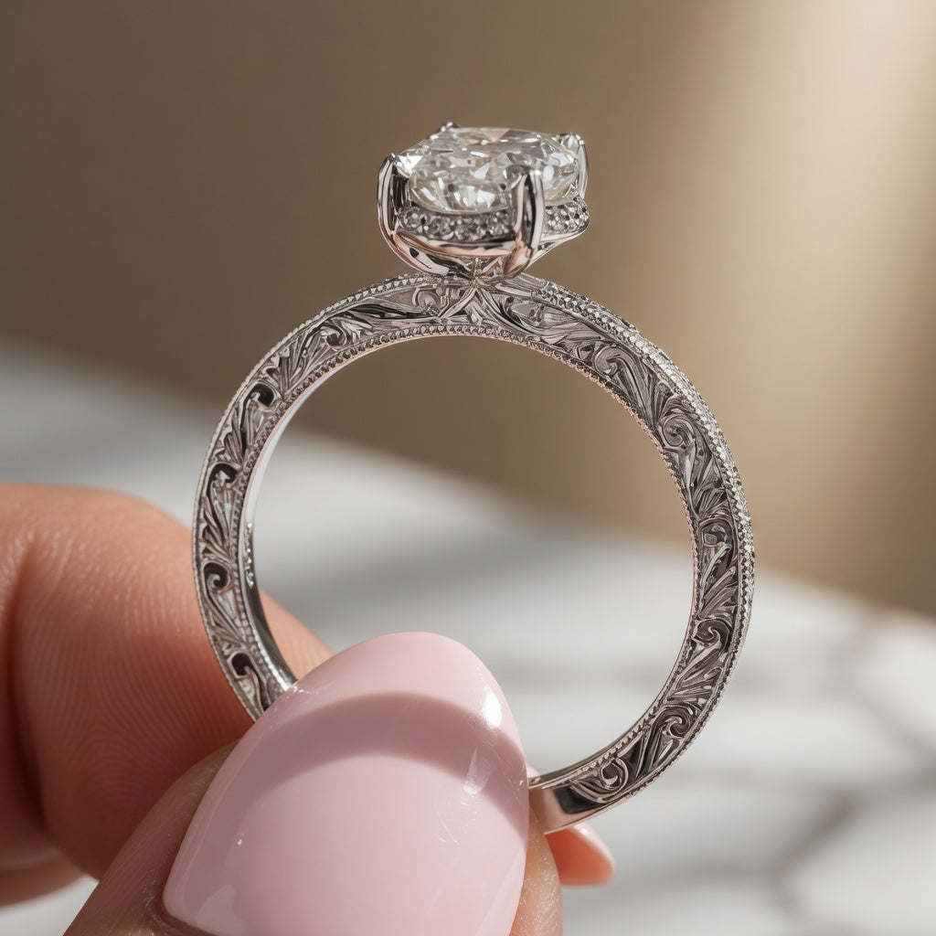 2.00 CT Oval Lab-Grown Diamond Vintage Engagement Ring in 14K White Gold – Hand-Engraved Art Deco Hidden Halo Design