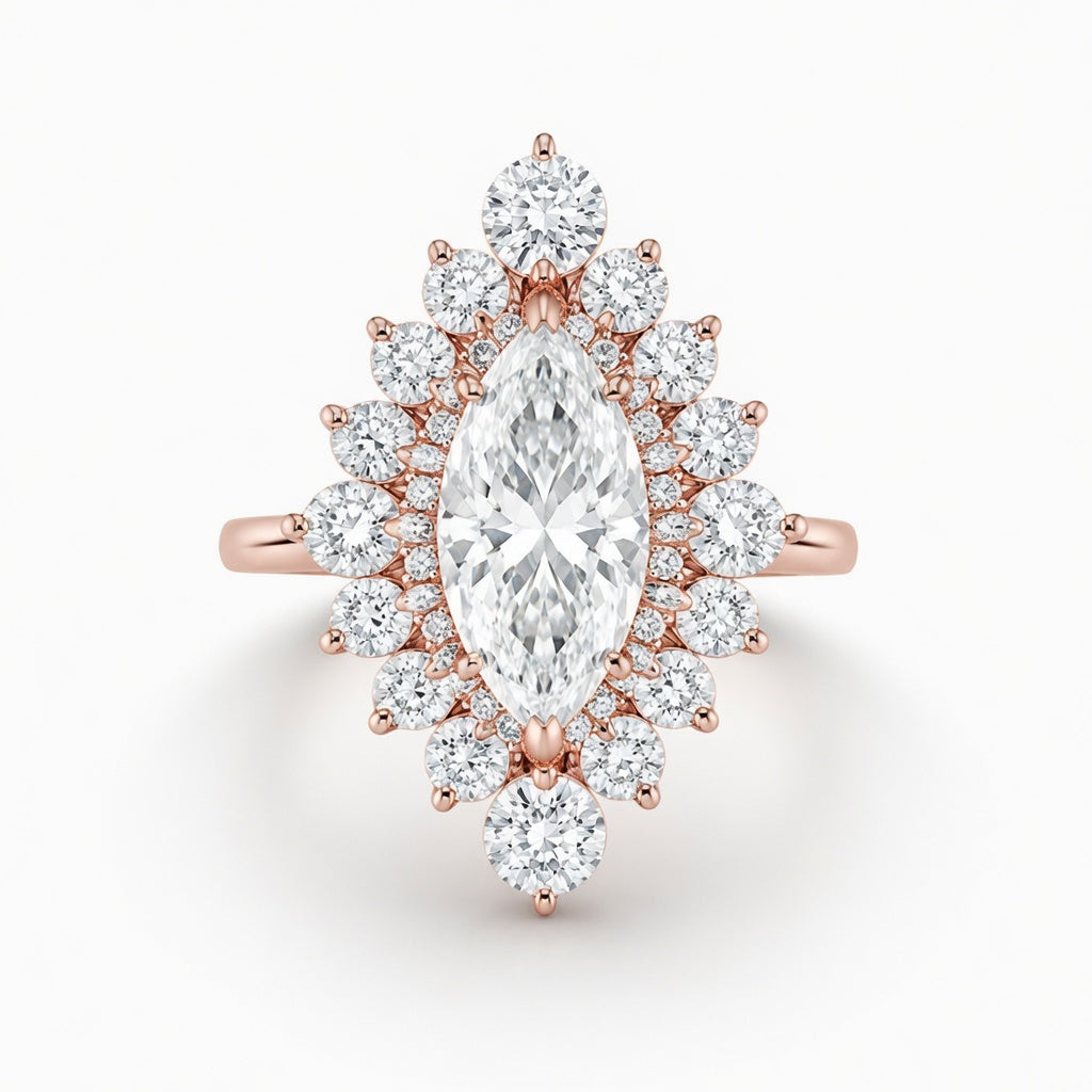 2.50 CT Marquise Cut Lab-Grown Diamond Double Halo Engagement Ring in 14K White Gold – Statement Bridal Design