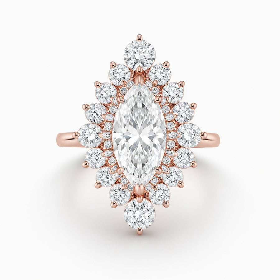 2.50 CT Marquise Cut Lab-Grown Diamond Double Halo Engagement Ring in 14K White Gold – Statement Bridal Design