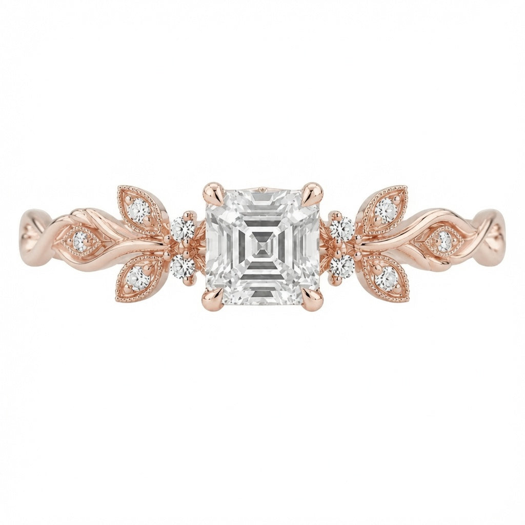 2.50 CT Asscher Cut Lab-Grown Diamond Engagement Ring in 14K White Gold – Nature Inspired Round Brilliant Side Stone Design | IGI Certified