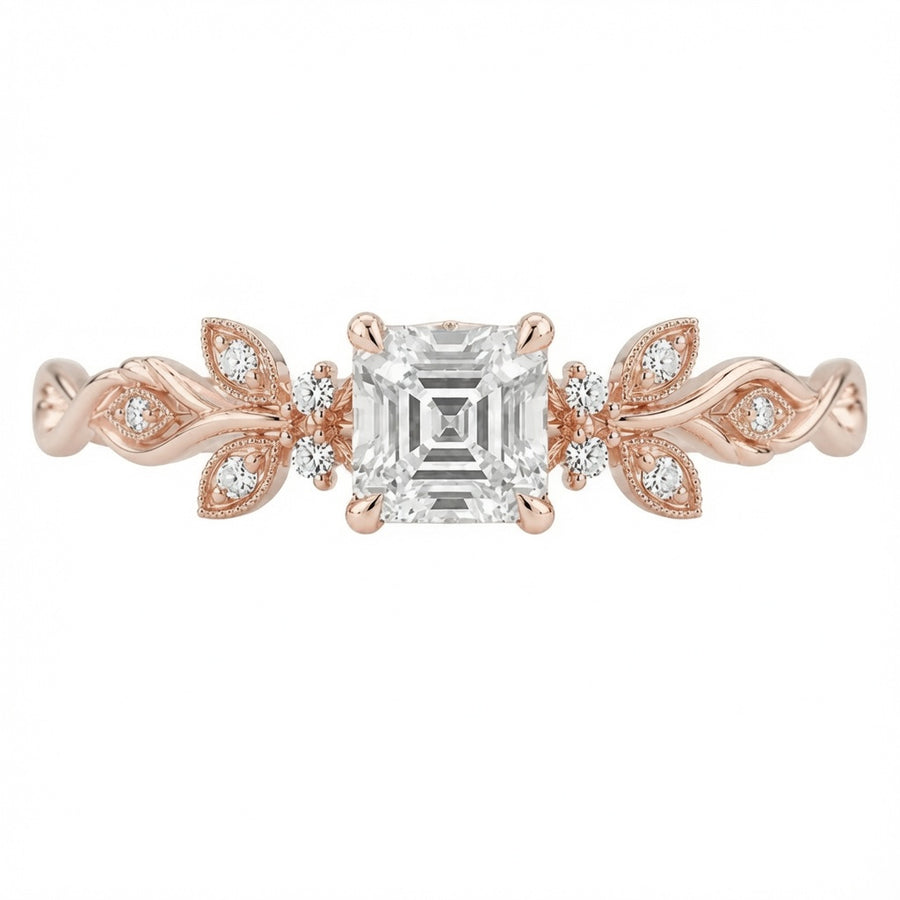 2.50 CT Asscher Cut Lab-Grown Diamond Engagement Ring in 14K White Gold – Nature Inspired Round Brilliant Side Stone Design | IGI Certified