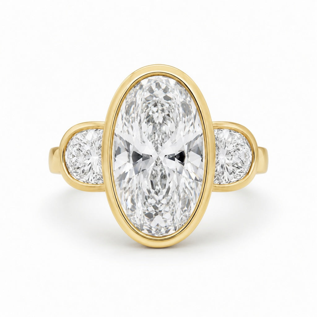 3.50 CT Elongated Oval Cut Lab-Grown Diamond Three-Stone Engagement Ring in 14K White Gold – Full Bezel Trilogy Design