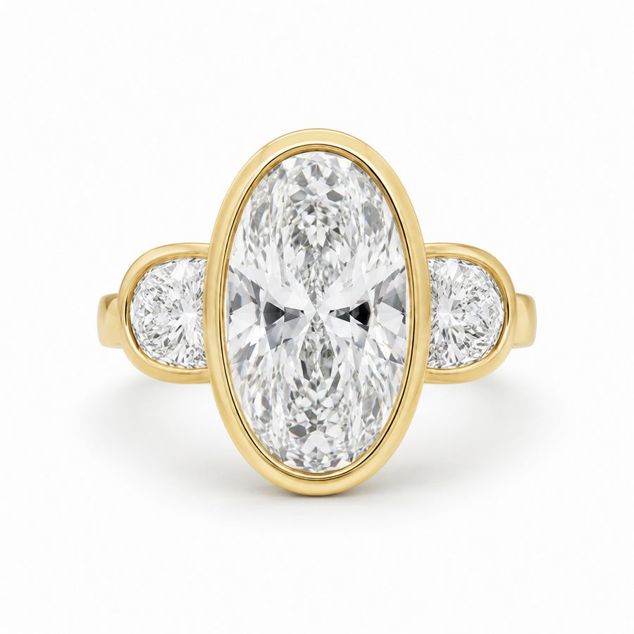 3.50 CT Elongated Oval Cut Lab-Grown Diamond Three-Stone Engagement Ring in 14K White Gold – Full Bezel Trilogy Design