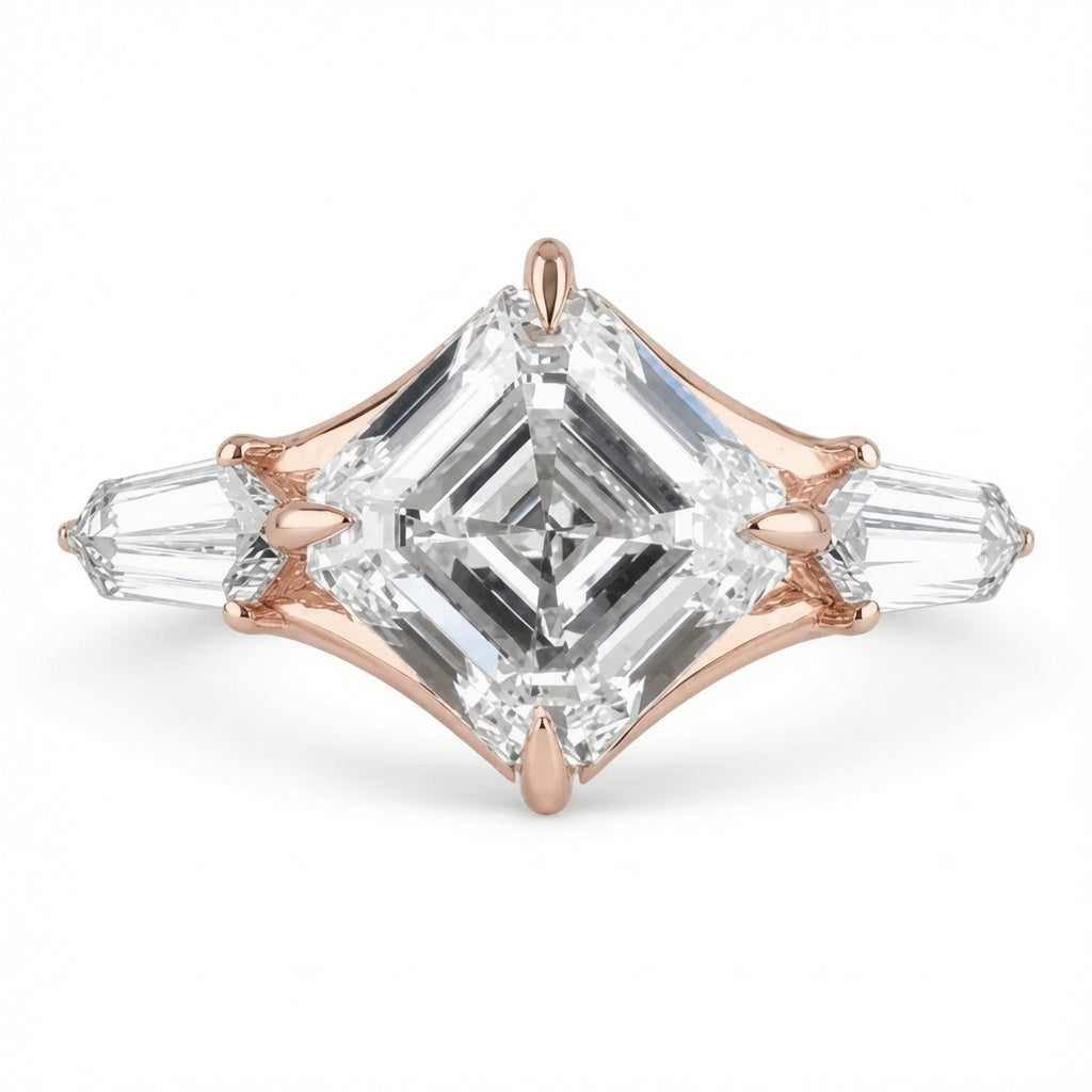 2.50 CT Asscher Cut Lab-Grown Diamond Three Stone Engagement Ring in 14K White Gold – East West IGI Certified Design