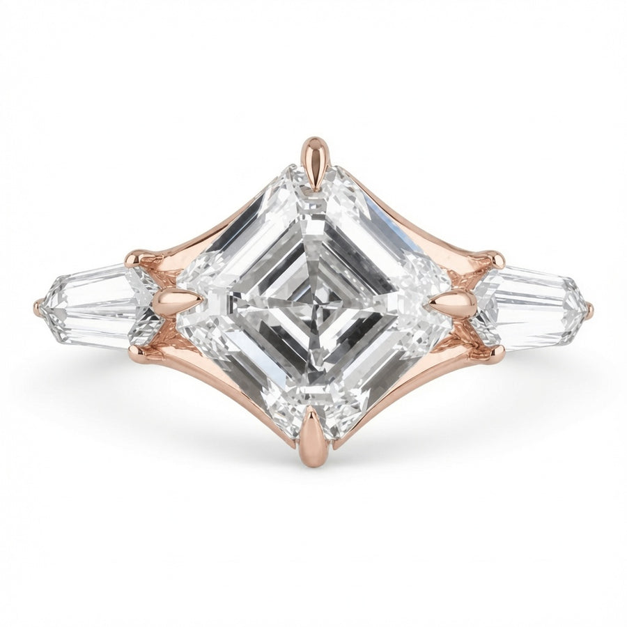 2.50 CT Asscher Cut Lab-Grown Diamond Three Stone Engagement Ring in 14K White Gold – East West IGI Certified Design