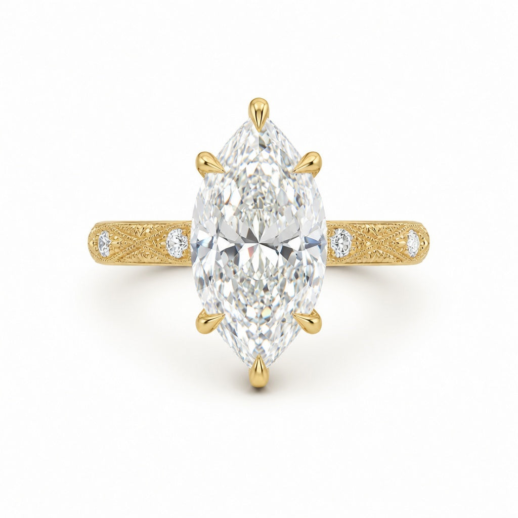 3.00 CT Vintage Marquise Lab-Grown Diamond Engagement Ring in 14K White Gold – Hand-Engraved Solitaire Design