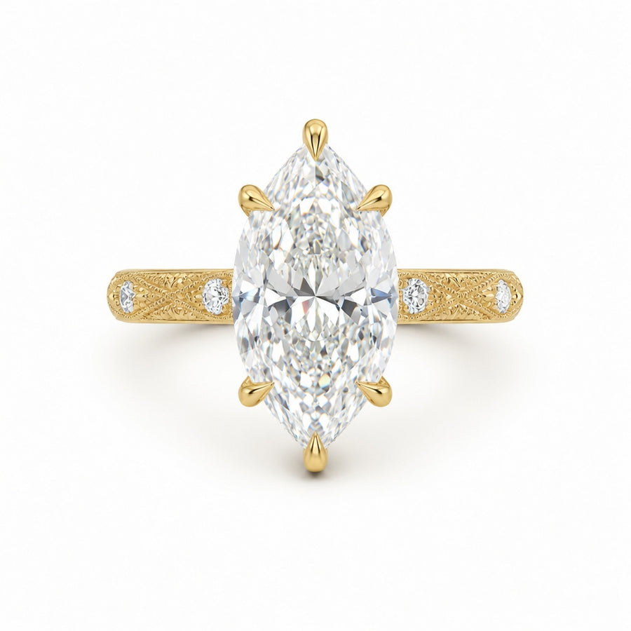 3.00 CT Vintage Marquise Lab-Grown Diamond Engagement Ring in 14K White Gold – Hand-Engraved Solitaire Design
