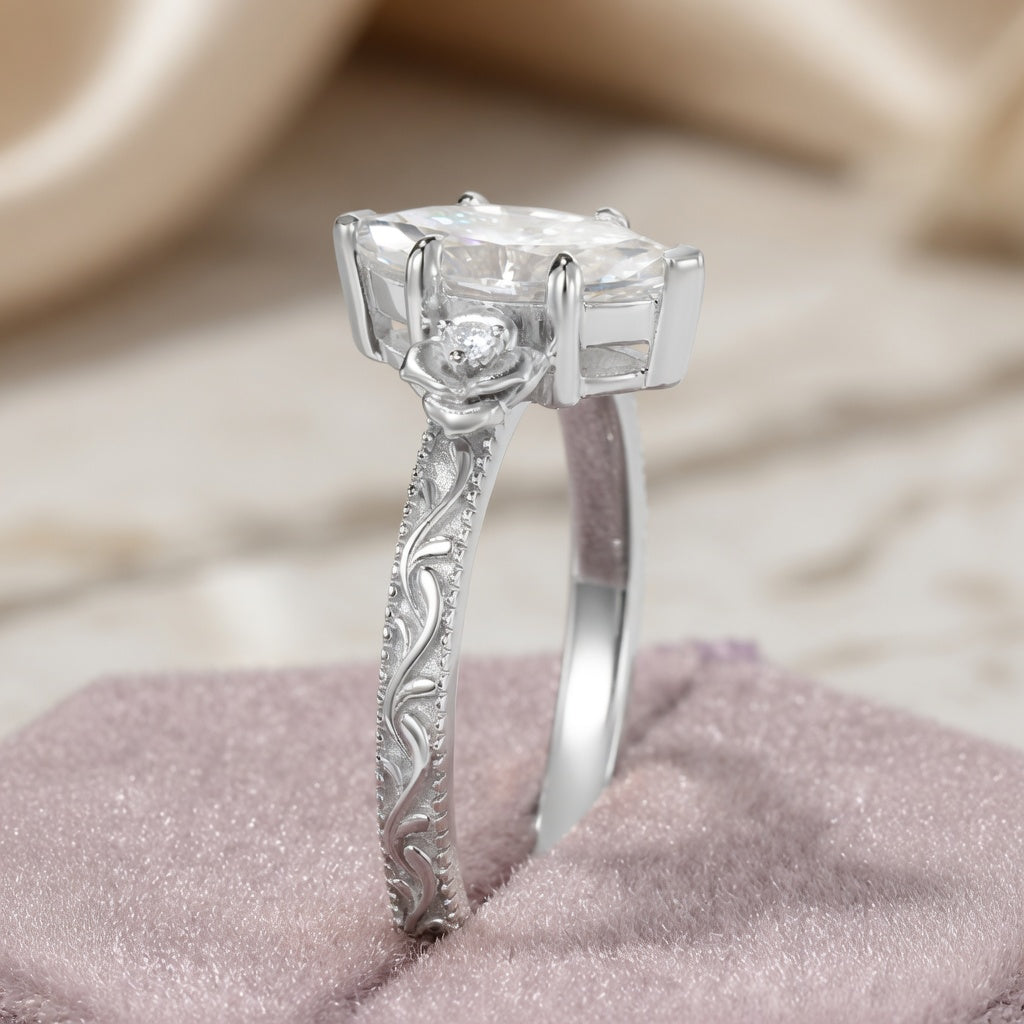 3.00 CT Vintage Marquise Cut Lab-Grown Diamond Engagement Ring in 14K White Gold – Milgrain Filigree Floral Vine Design