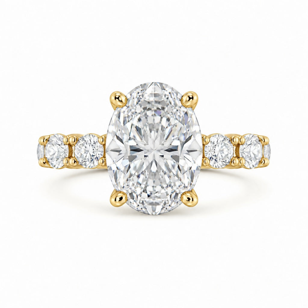 5.00 CT Oval Lab-Grown Diamond Hidden Halo Engagement Ring in 14K White Gold – Oval Side Stone Solitaire Design
