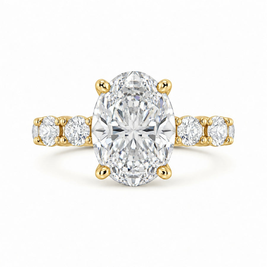 5.00 CT Oval Lab-Grown Diamond Hidden Halo Engagement Ring in 14K White Gold – Oval Side Stone Solitaire Design