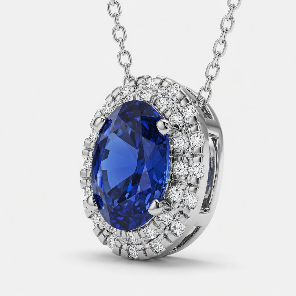 1 CTW Round Lab Grown Diamond Halo Pendant with 7.9x5.53 mm Oval Created Sapphire & Adjustable Chain