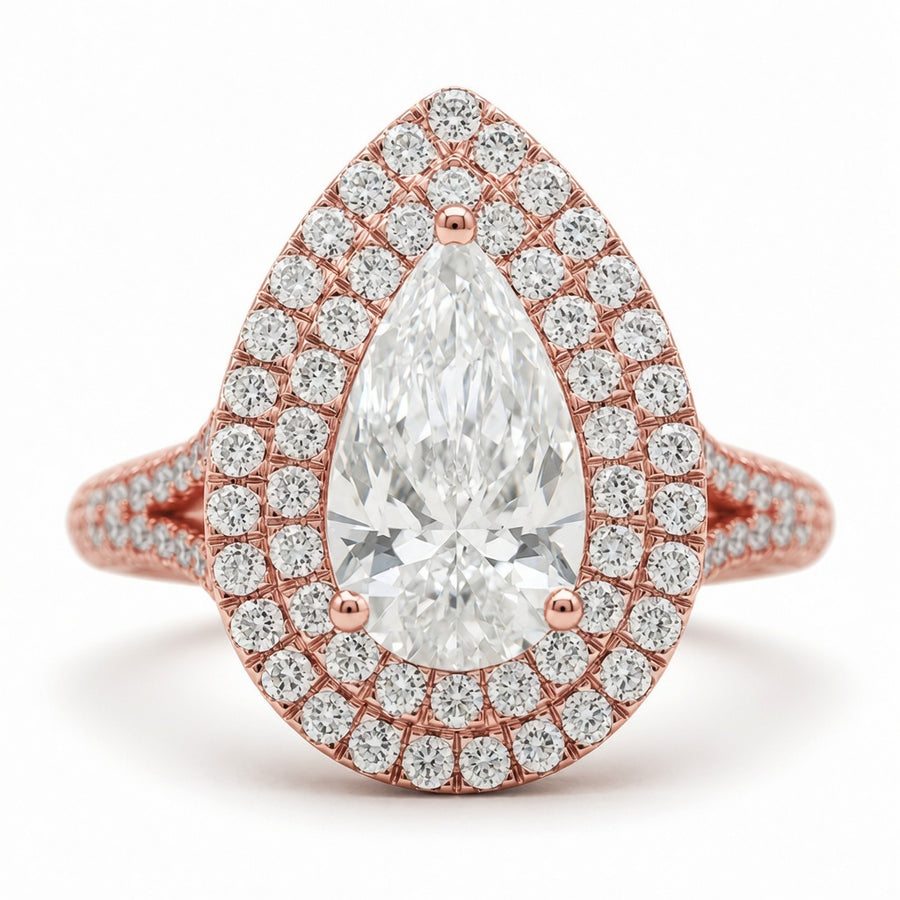 2.00 CT Pear Shaped Lab-Grown Diamond Double Halo Engagement Ring in 14K White Gold – Pavé Bridal Statement Design