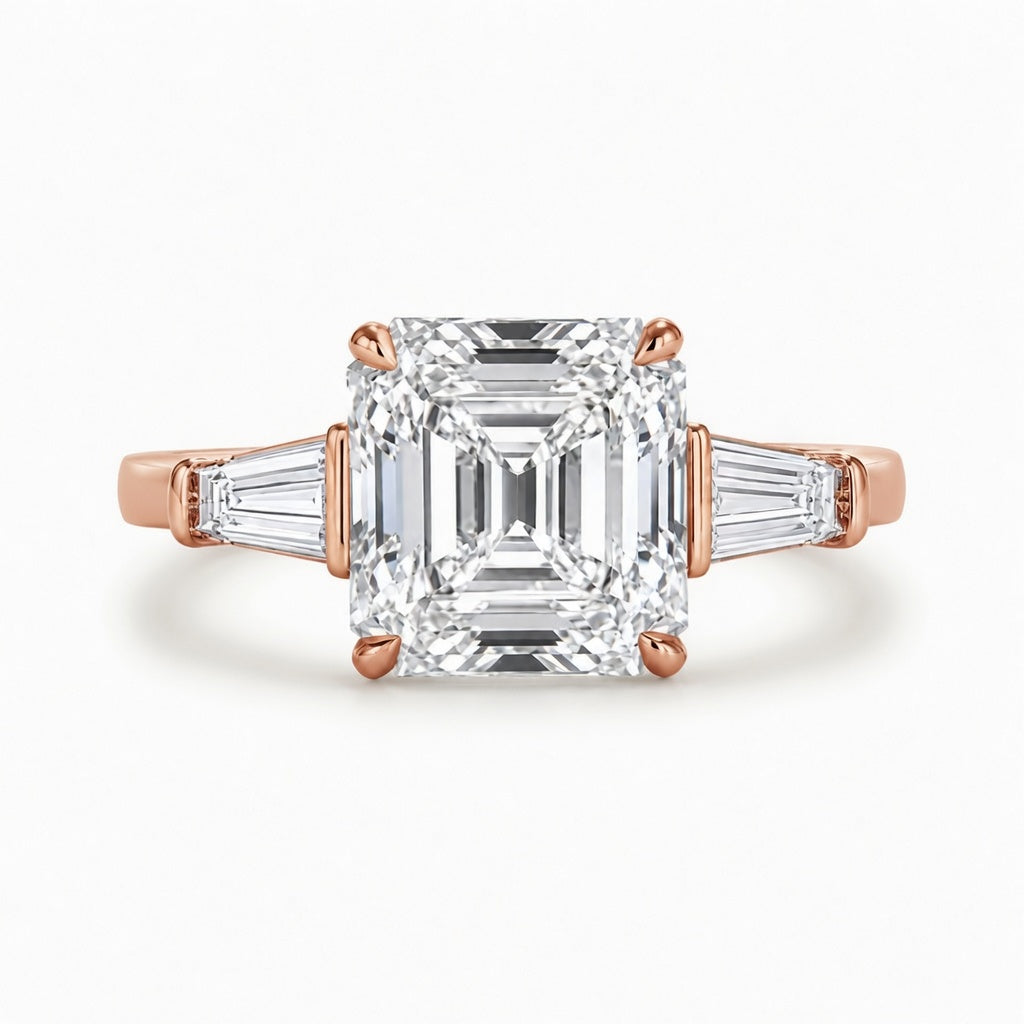 4.00 CT Asscher Cut Lab-Grown Diamond Three Stone Engagement Ring in 14K White Gold – Tapered Baguette Side Stone Design