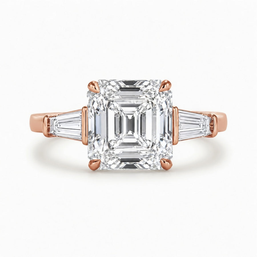 4.00 CT Asscher Cut Lab-Grown Diamond Three Stone Engagement Ring in 14K White Gold – Tapered Baguette Side Stone Design