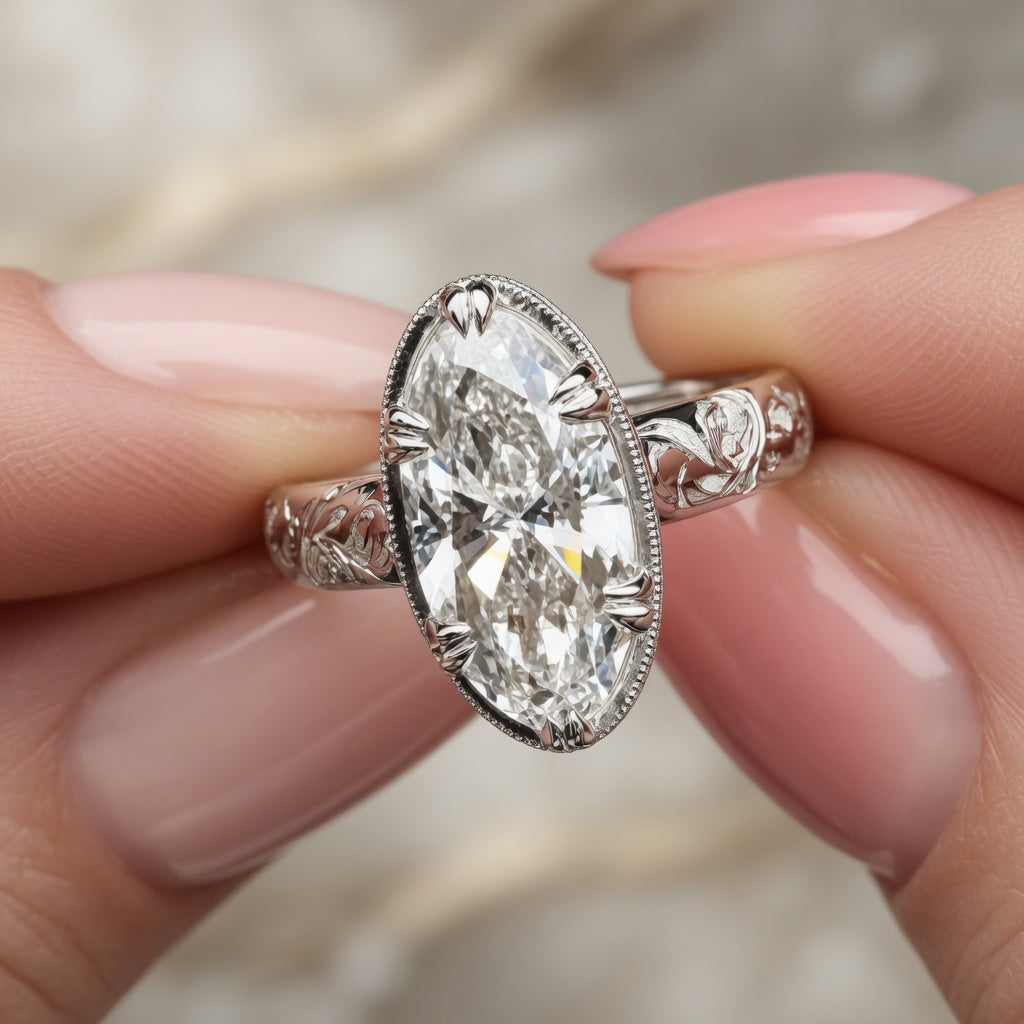 1.00 CT Emerald Cut Lab-Grown Diamond Engagement Ring in 14K White Gold – Vintage Floral Engraved Milgrain Design