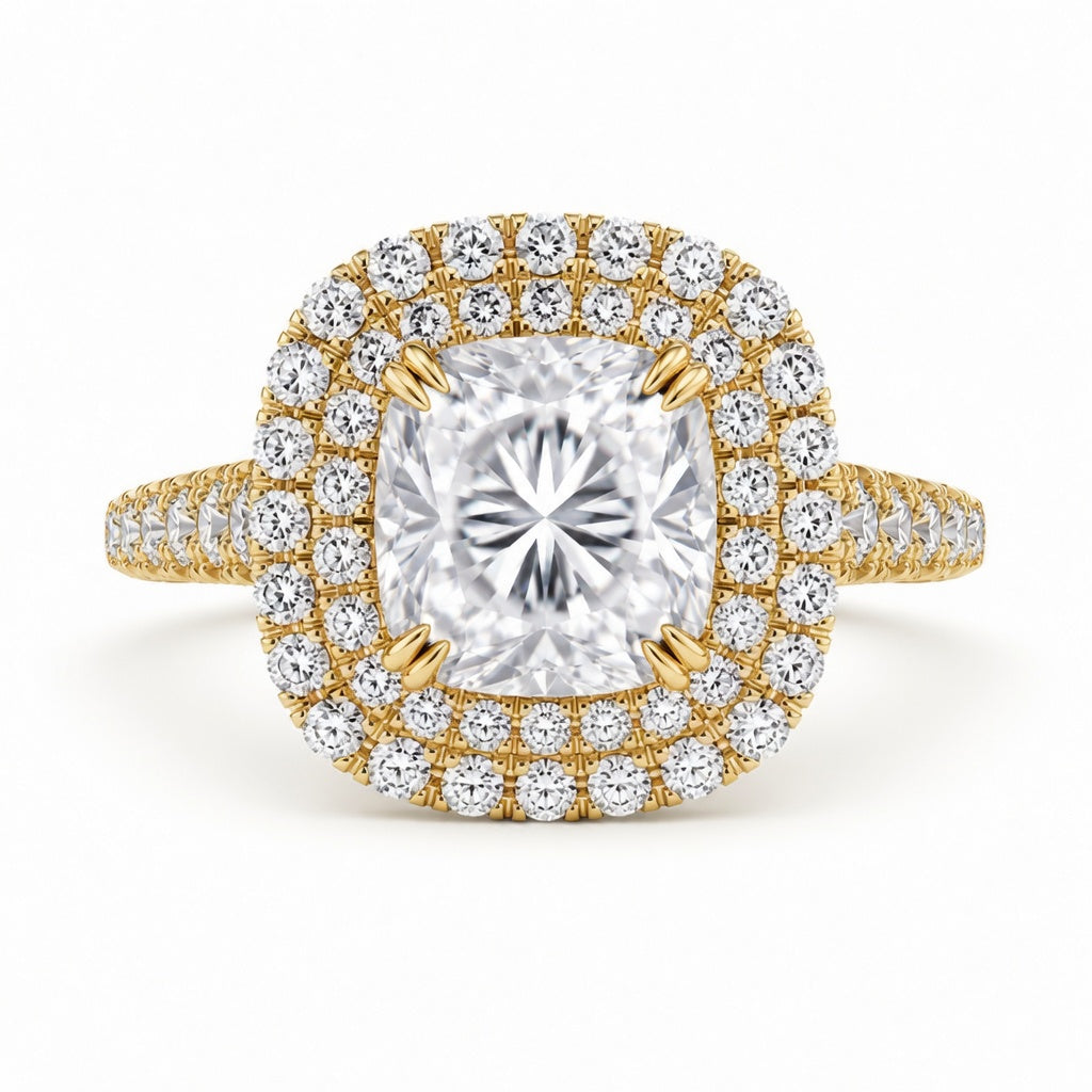2.15 CT Cushion Cut Lab-Grown Diamond Double Halo Engagement Ring in 14K White Gold – Split Shank Pavé Bridal Design