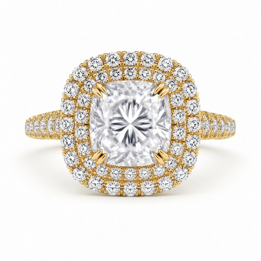 2.15 CT Cushion Cut Lab-Grown Diamond Double Halo Engagement Ring in 14K White Gold – Split Shank Pavé Bridal Design