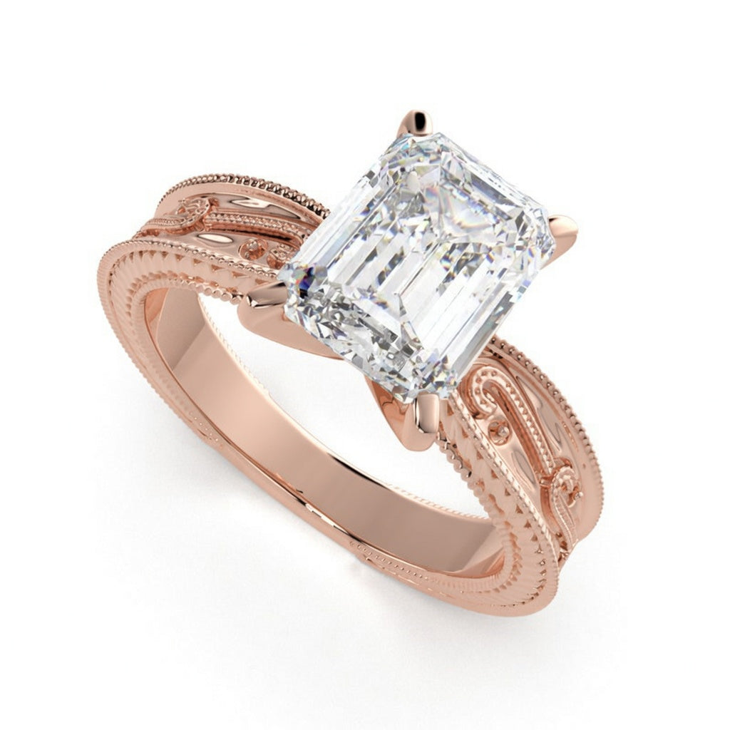 Sabrina 2 Carat Radiant Cut Solitaire Hand Engraved Milgrain Engagement Ring