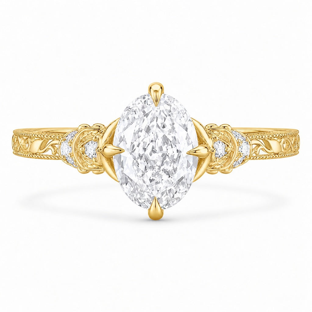 3.50 CT Vintage Oval Cut Lab-Grown Diamond Engagement Ring in 14K White Gold – Nature Inspired Engraved Filigree Tulip Design