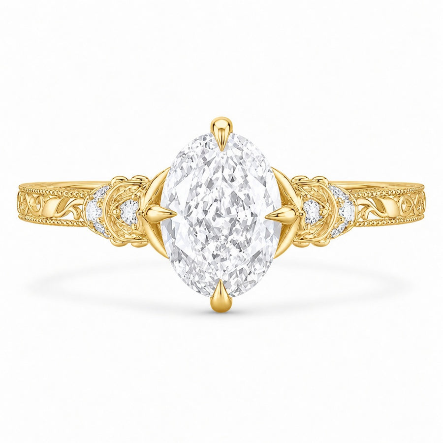 3.50 CT Vintage Oval Cut Lab-Grown Diamond Engagement Ring in 14K White Gold – Nature Inspired Engraved Filigree Tulip Design
