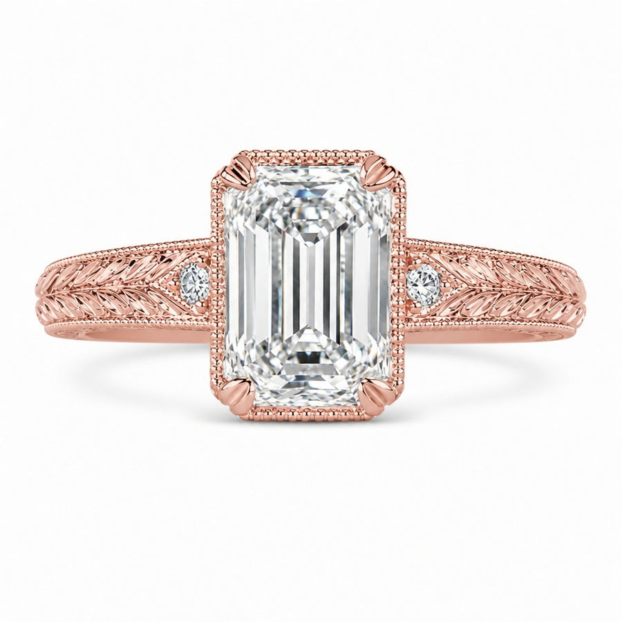 3.50 CT Vintage Inspired Criss Cut Lab-Grown Diamond Engagement Ring in 14K White Gold – Hand-Engraved Art Deco Cathedral Design