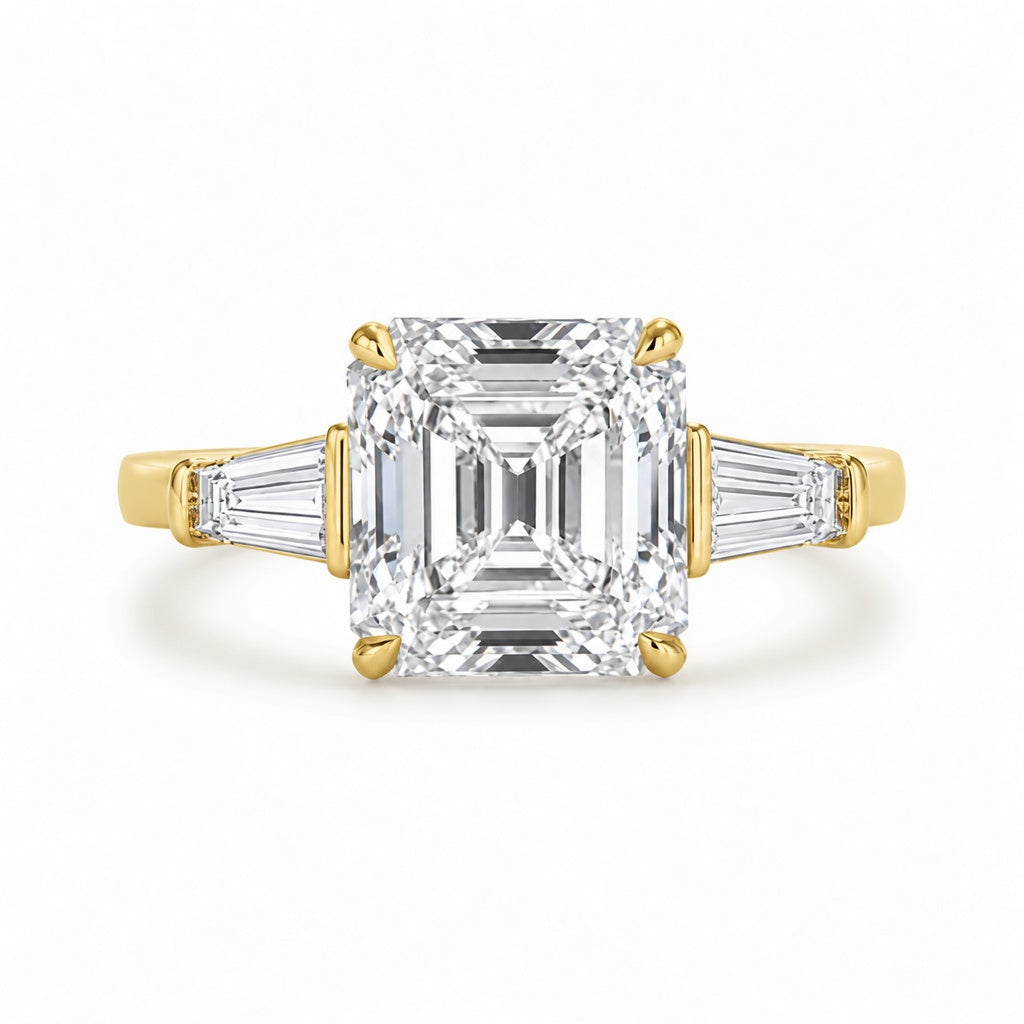 4.00 CT Asscher Cut Lab-Grown Diamond Three Stone Engagement Ring in 14K White Gold – Tapered Baguette Side Stone Design