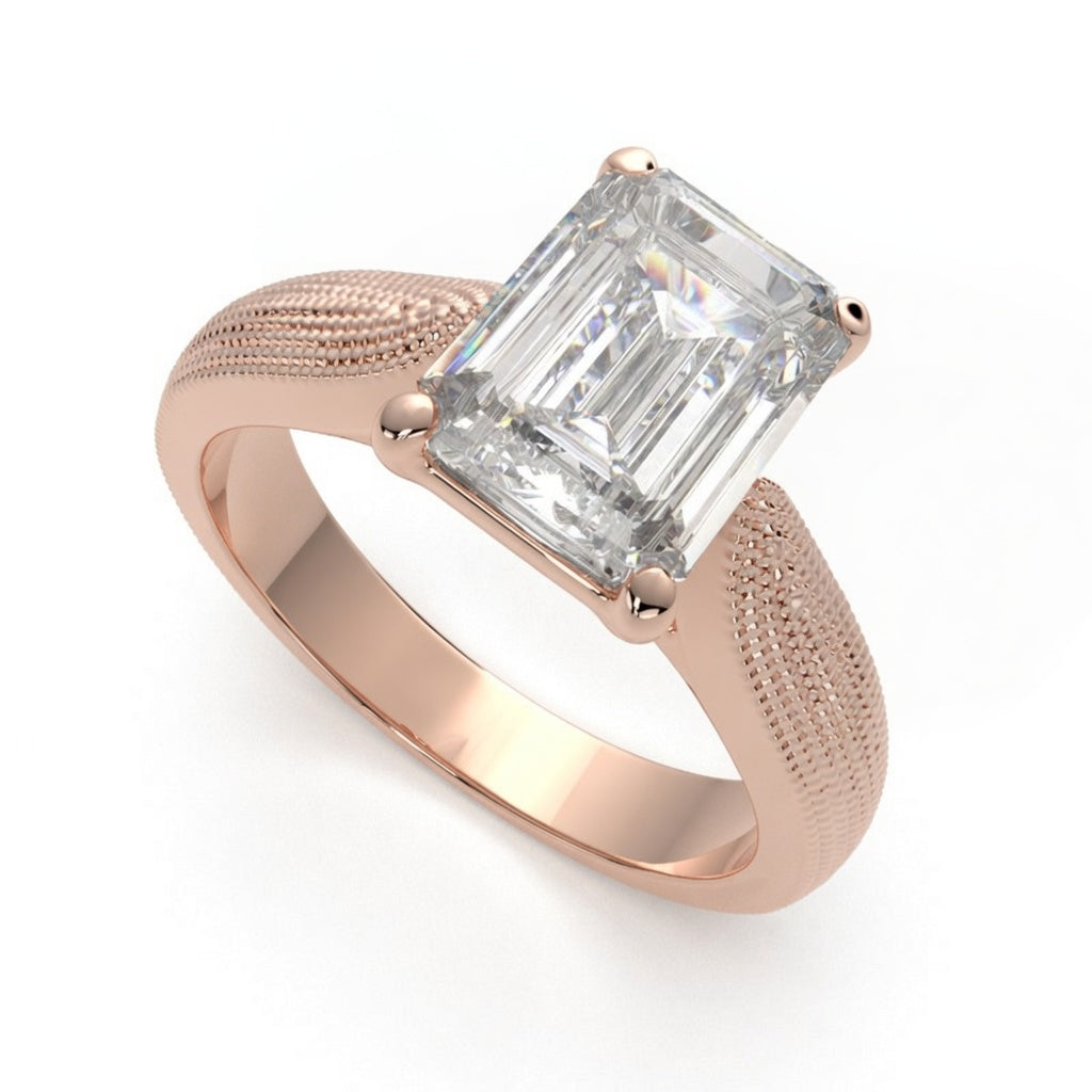 Valentina 2 Carat Emerald Cut Solitaire Tapered Milgrain Engagement Ring